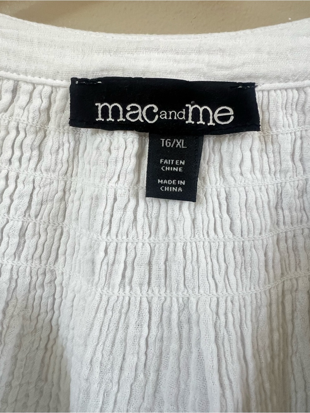 Mac and Me White Cotton Gauze Tie Neck Peasant Blouse 1X Boho Coastal 3/4 Sleeve - Picture 7 of 16
